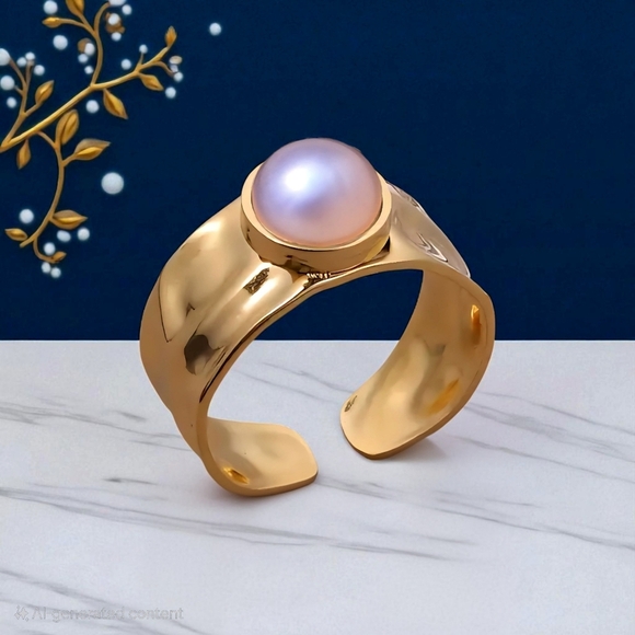 🆕 Celestial Statement Ring 18K Gold Plated Adjustable with Faux Pearl Glow - Picture 12 of 13